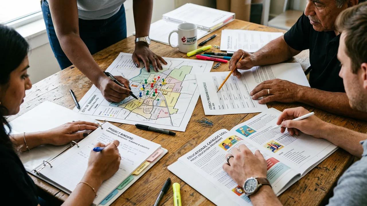 Mains de bénévoles examinant les catalogues d'ouvrages et le plan d'action